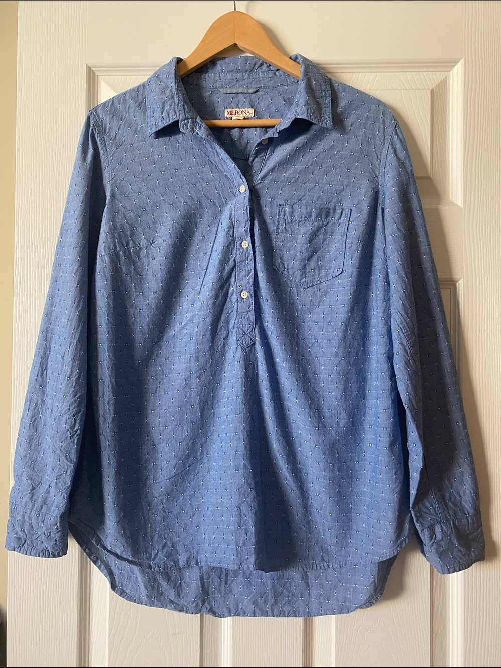 Merona Blue Cotton Textured Button Front Pullover Shirt Long Sleeve Size L